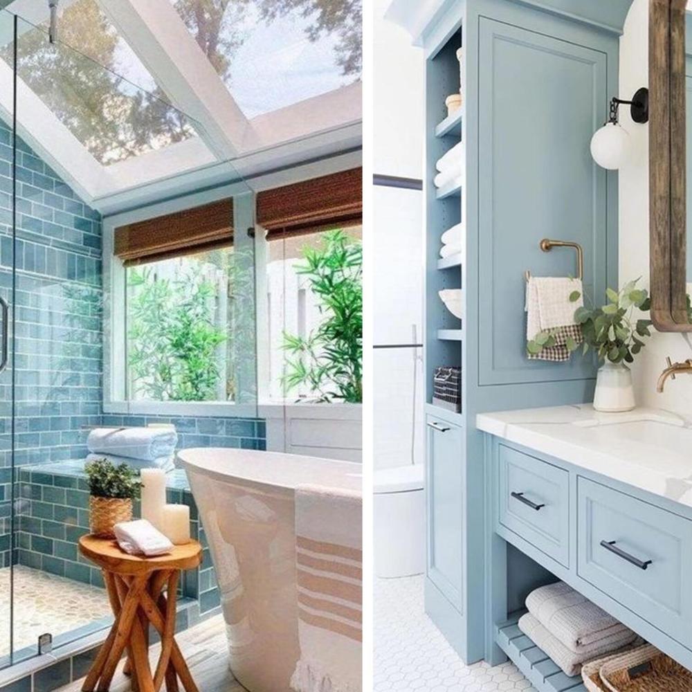 Light blue bathroom showcasing shower area and vanity space