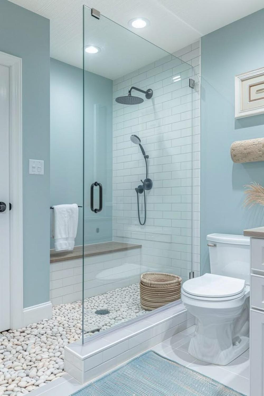 Modern light blue bathroom featuring a luxurious shower area with pebbles