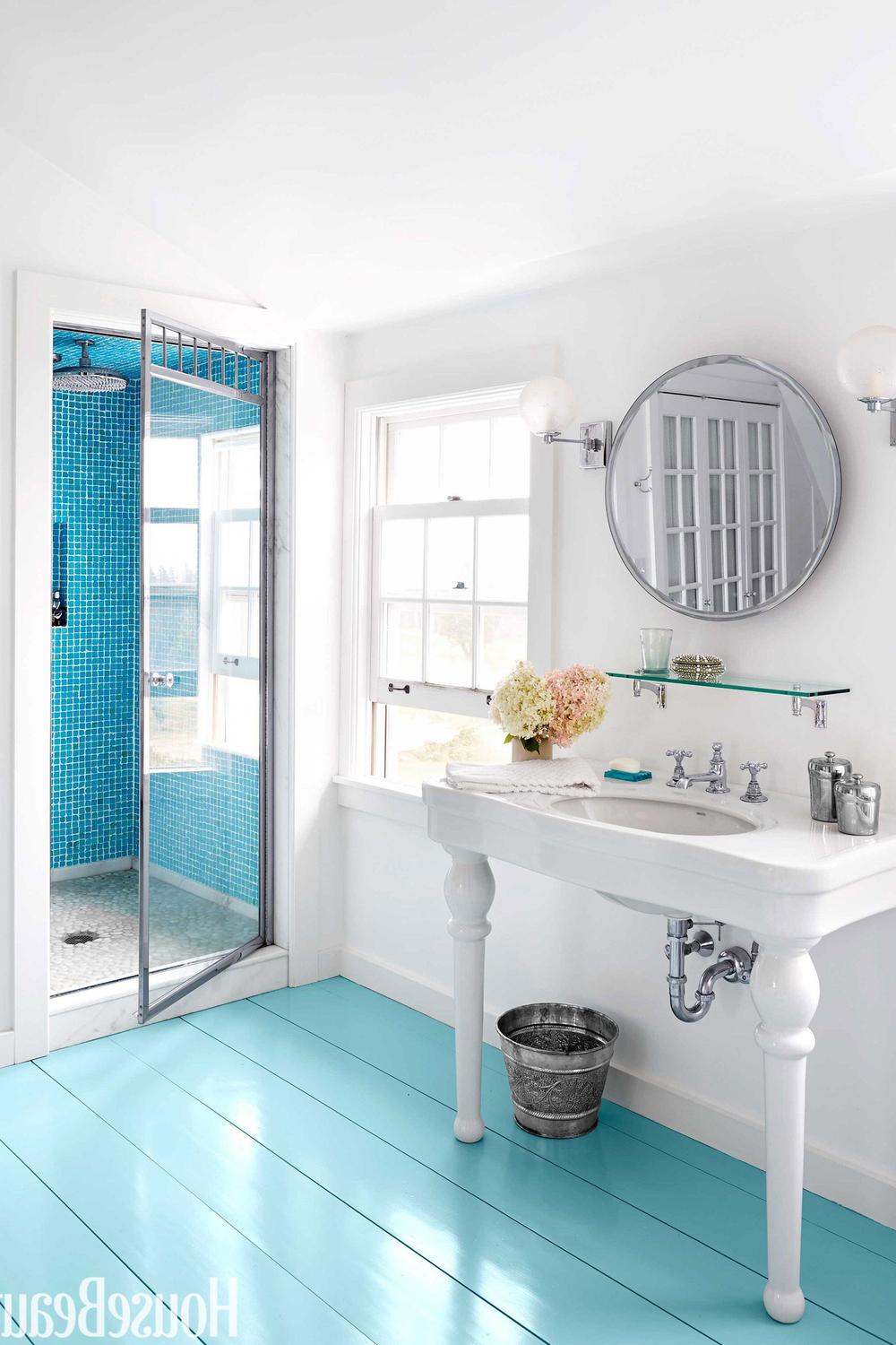 Bright light blue bathroom focusing on cleanliness and refreshing aesthetic