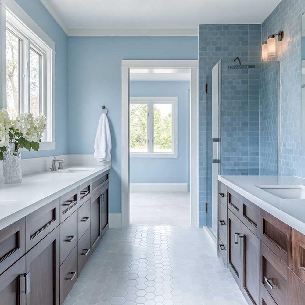 Spacious light blue bathroom combining modern design with tranquility