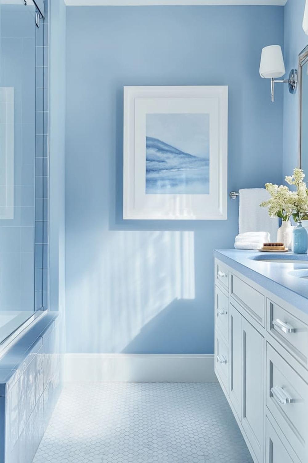 A serene light blue bathroom with artistic wall décor