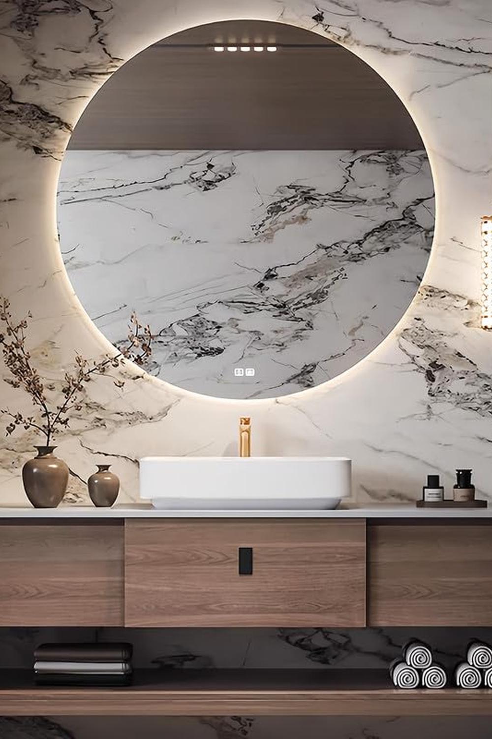 Unique light wood bathroom vanity with textured elements.