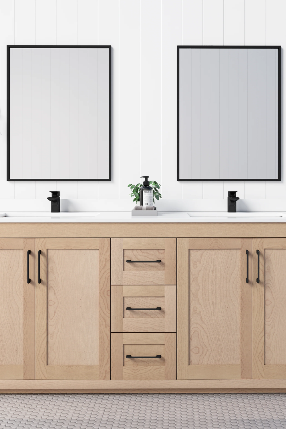Elegant light wood vanity for minimalist homes.
