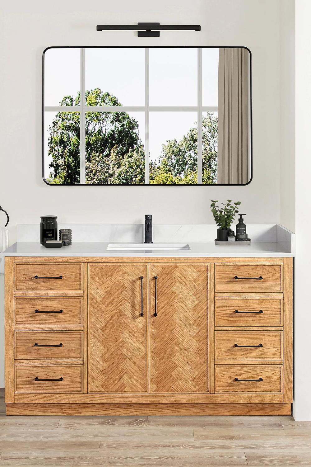 Masterfully designed light wood vanity.