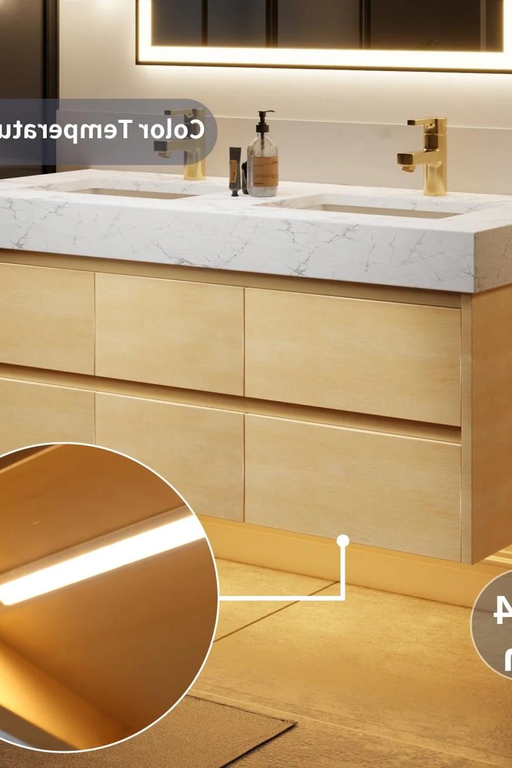 Minimalist light wood vanity with sophisticated touches.