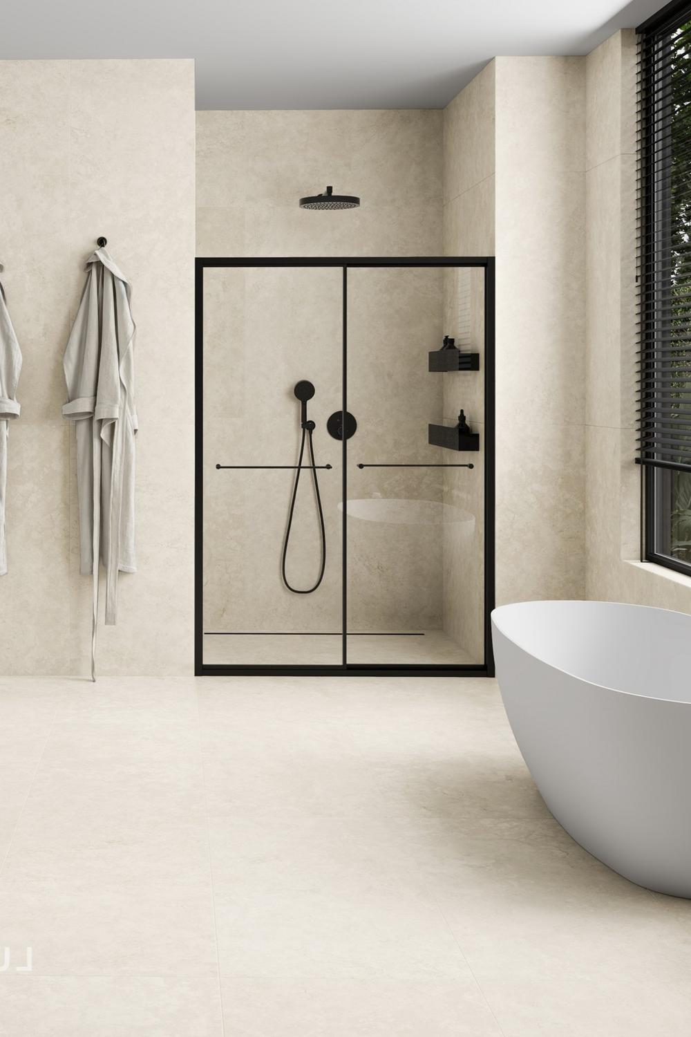 Modern minimalist bathroom highlighted with serene limestone tiles