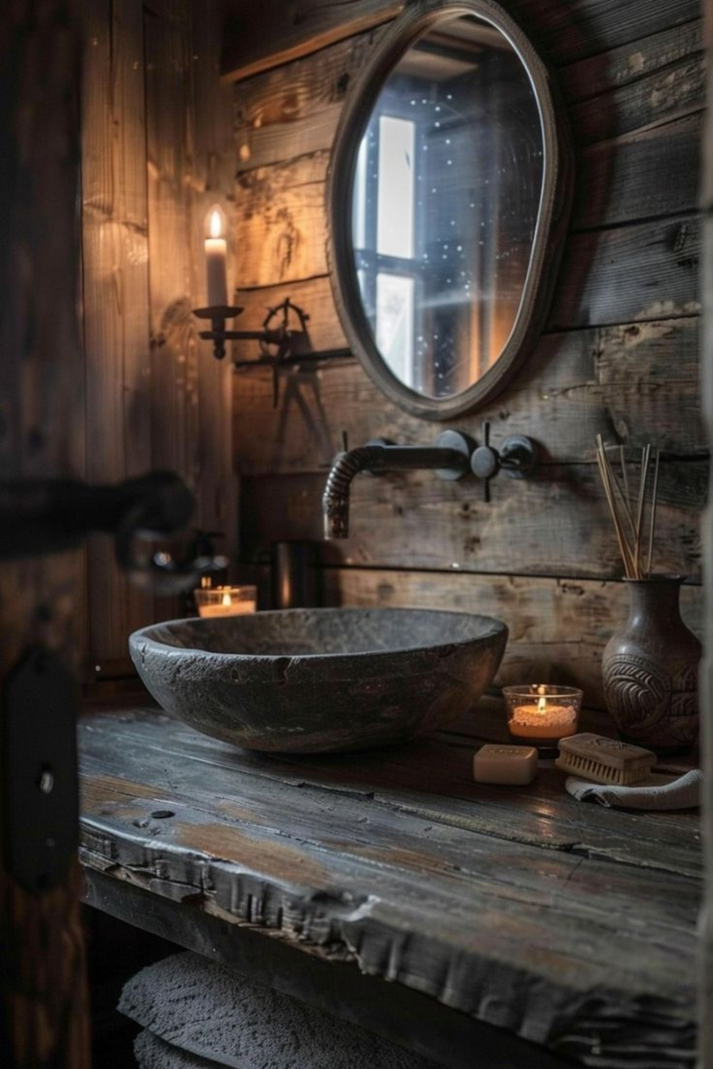 Baño rústico con detalles naturales, lavabo de piedra y madera