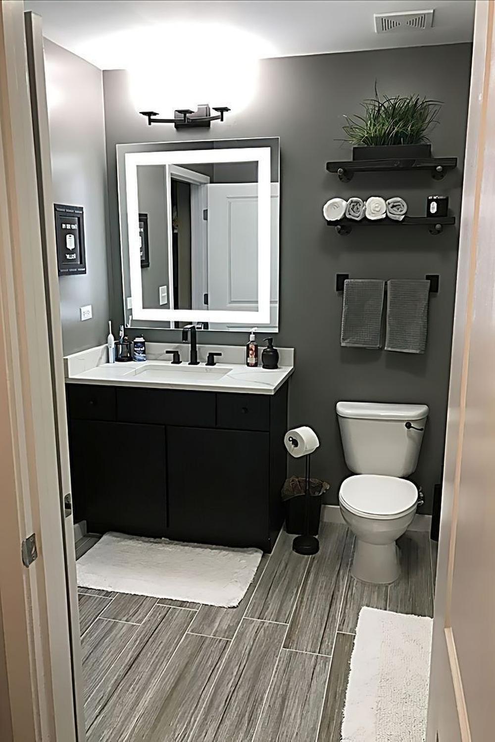 Baño con estilo y funcionalidad, colores oscuros y decoración modernista