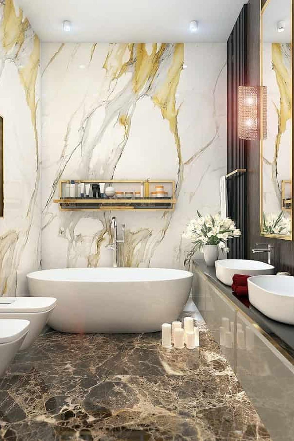 A luxurious bathroom featuring rich dark marble flooring and elegant white marble walls.