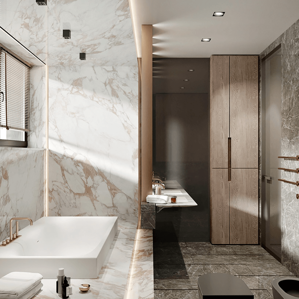 A luxury bathroom showcasing dual sinks and elegant marble walls.