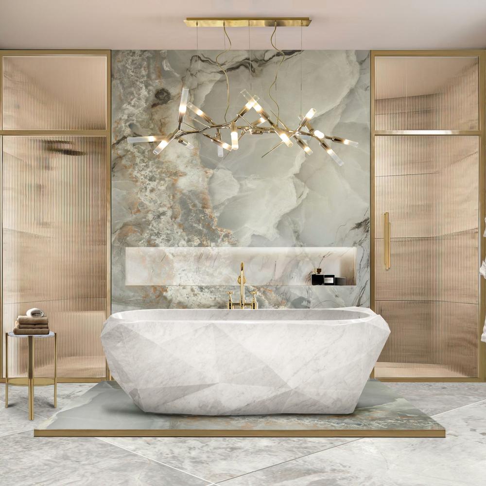 A modern bathroom featuring an elegant freestanding bathtub and intricate marble designs.