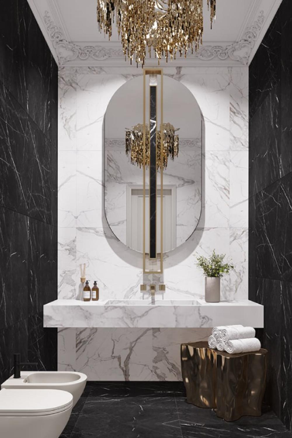 A modern marble bathroom featuring a blend of soft colors and luxurious materials for a tranquil ambiance.