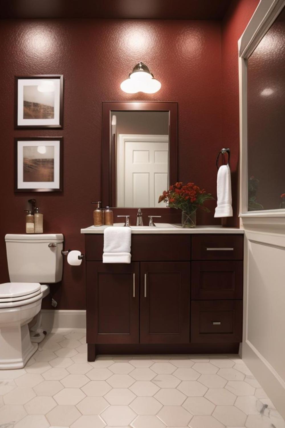 Chic maroon bathroom with a stylish light fixture and elegant vanity creating an inviting space.