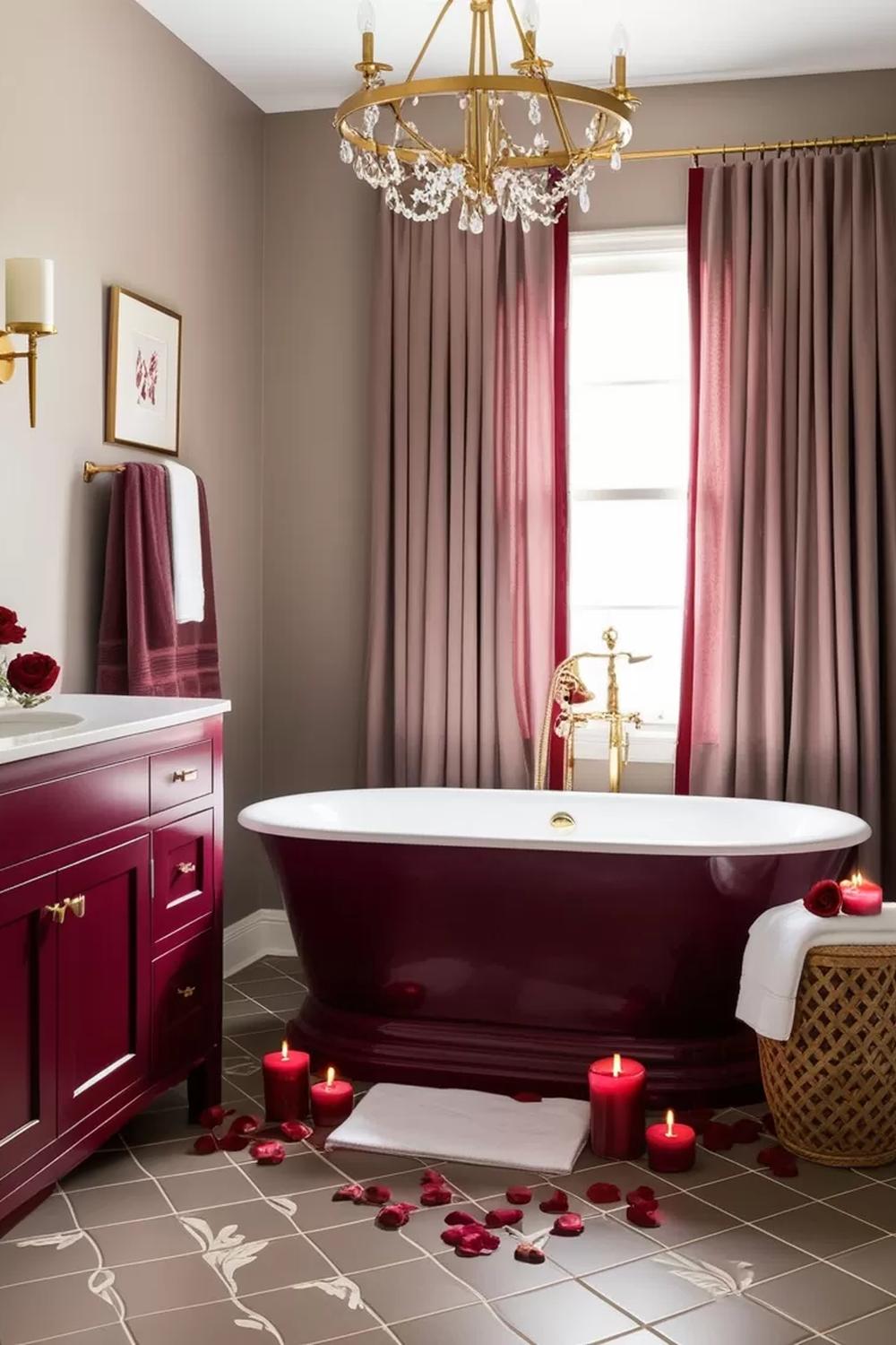 Luxurious bathroom with a striking maroon bathtub and elegant lighting creating a romantic atmosphere.