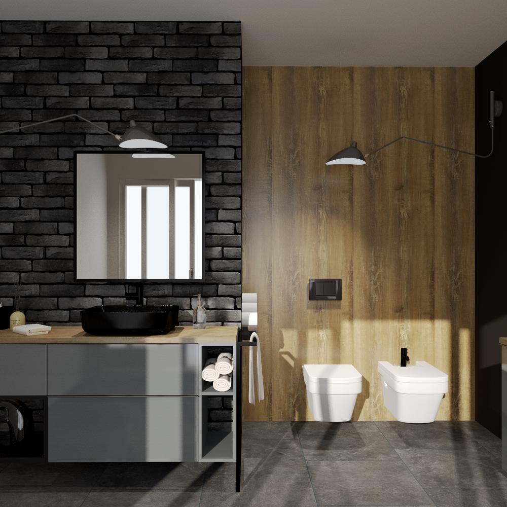 A modern, minimalist masculine bathroom with dark gray bricks and light wood tones.