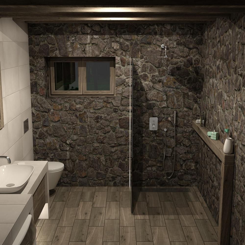 A natural-themed masculine bathroom with earthy materials and modern fixtures.