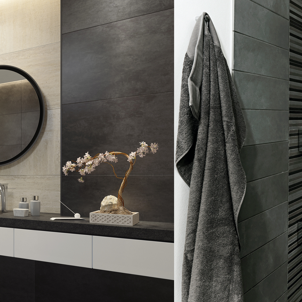 A geometric-themed masculine bathroom featuring contrasting tiles.