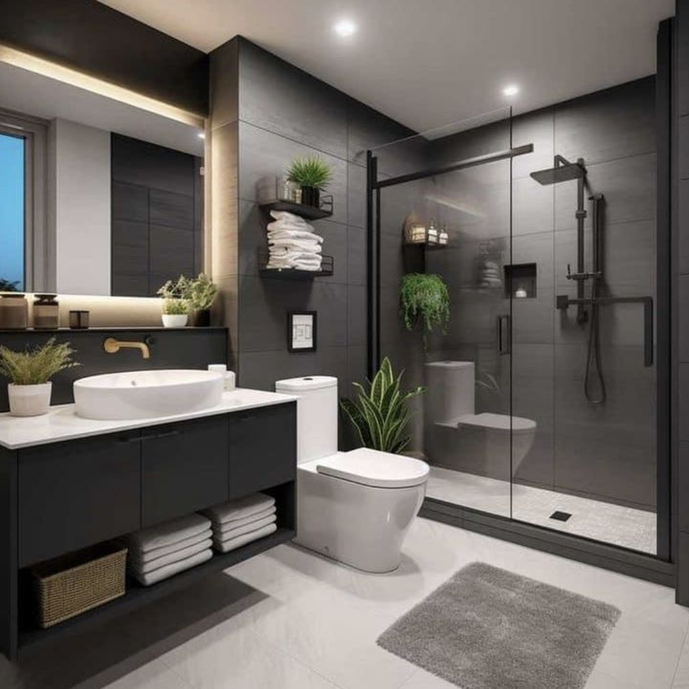 A refined masculine bathroom featuring modern lines and sleek surfaces.