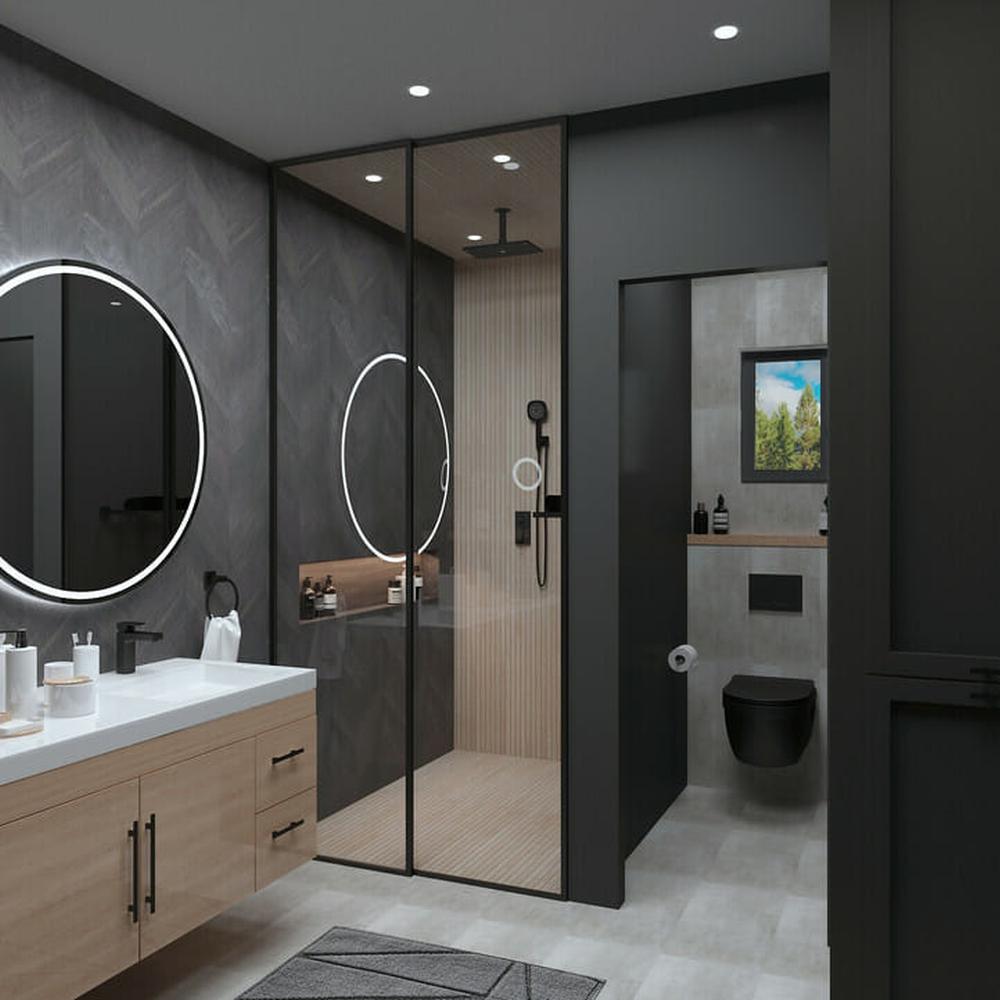 A masculine bathroom featuring natural wood and dark tones.