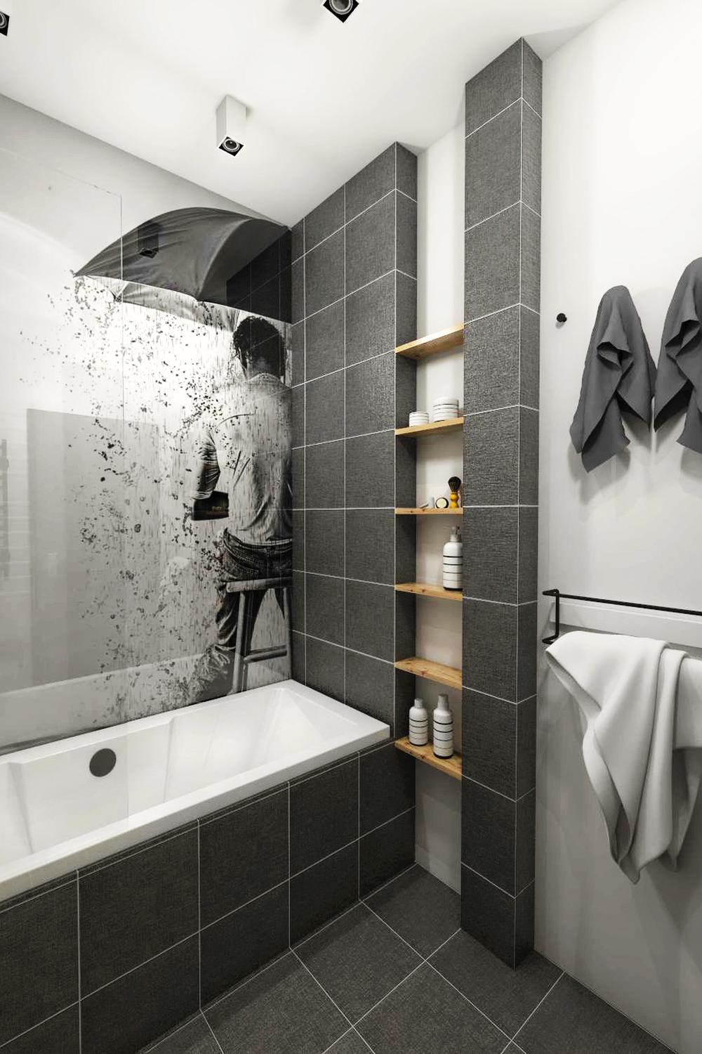 A functional masculine bathroom emphasizing space utilization and contemporary design.