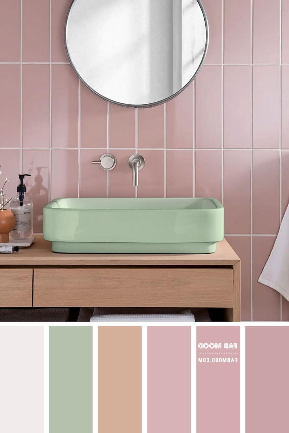 Modern bath with layered soft mauve tones and textile decor.