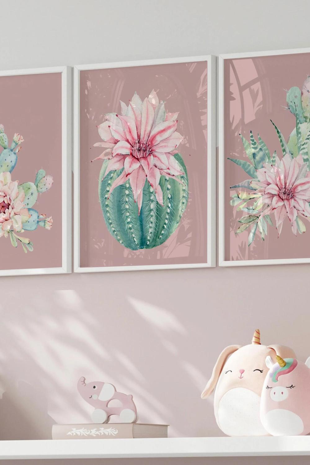 Playful mauve bathroom adorned with whimsical decor and botanical touches.