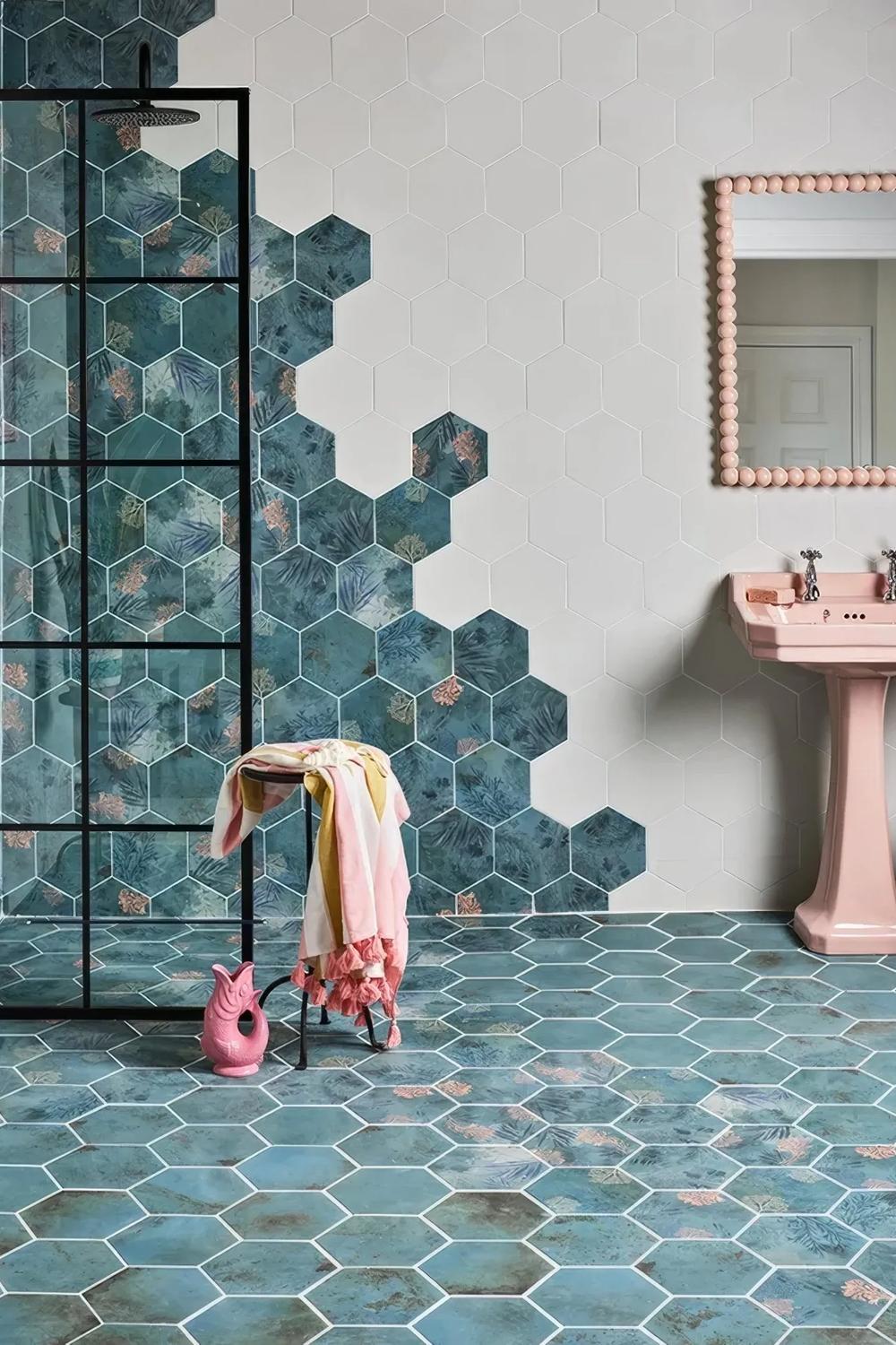 Charming bathroom featuring floral patterns in hexagonal tiles