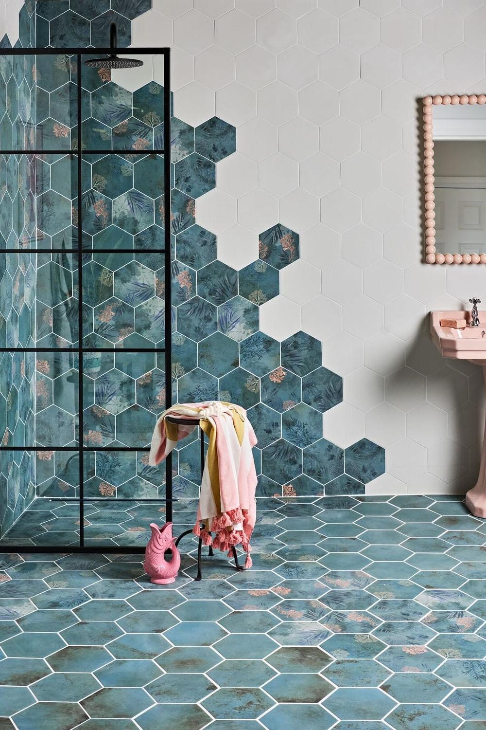 Inviting bathroom design featuring aquatic hues and coral motifs
