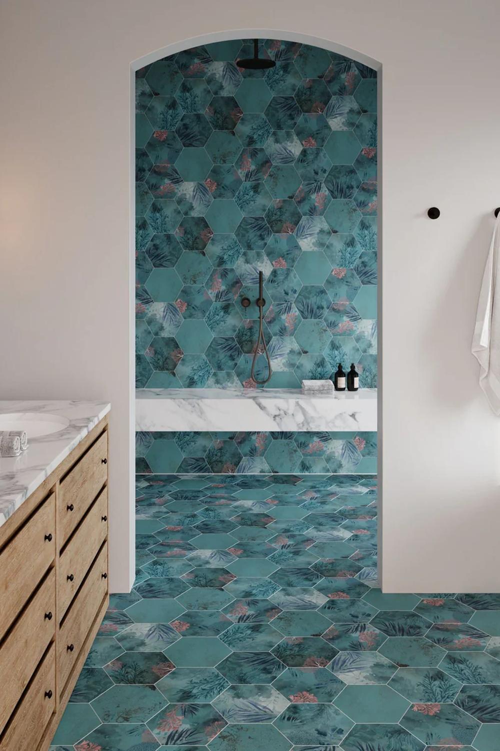 Stylish bathroom featuring cohesive hexagonal design and marine colors