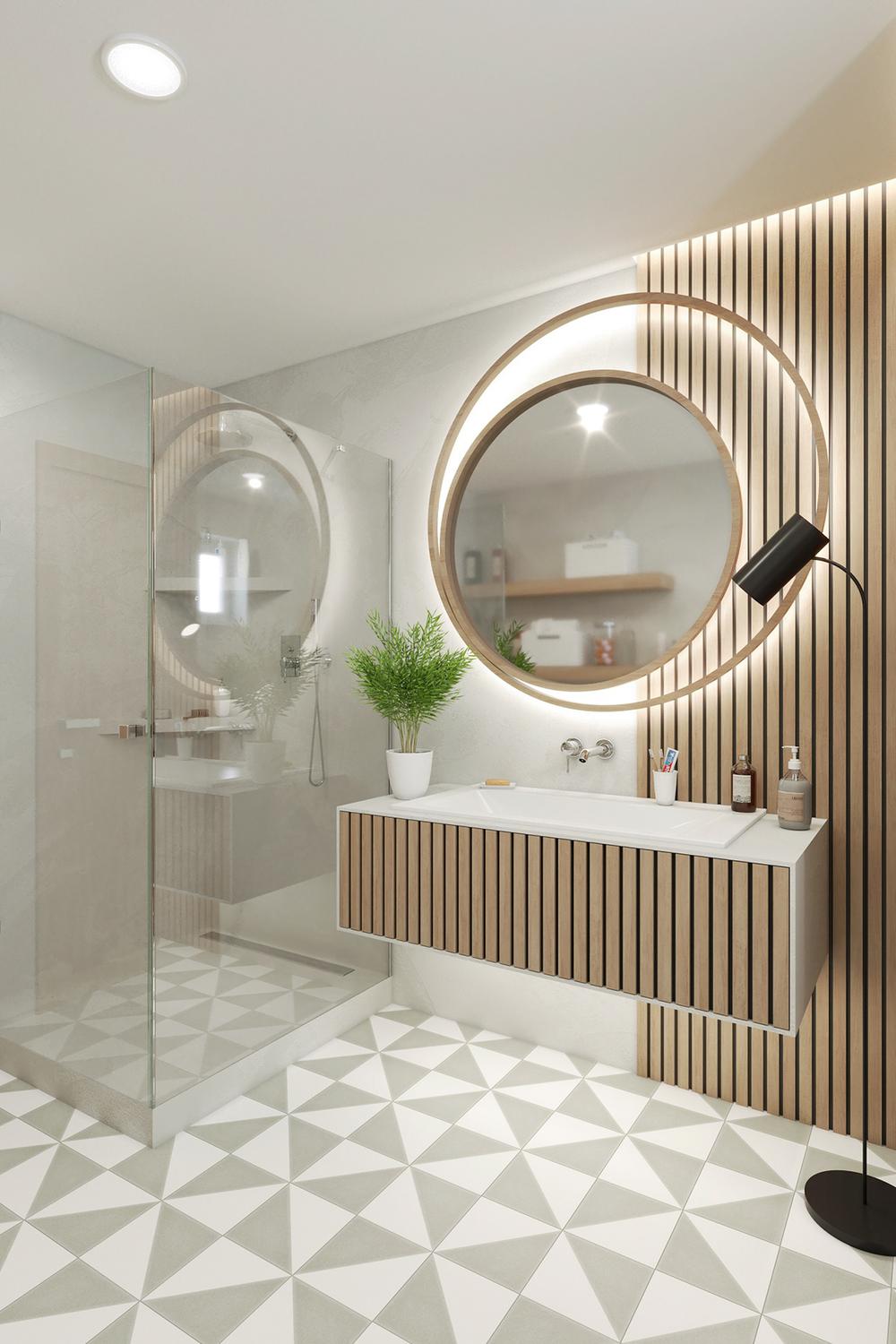 Modern bathroom featuring geometric tile designs, floating vanity, and a backlit mirror.