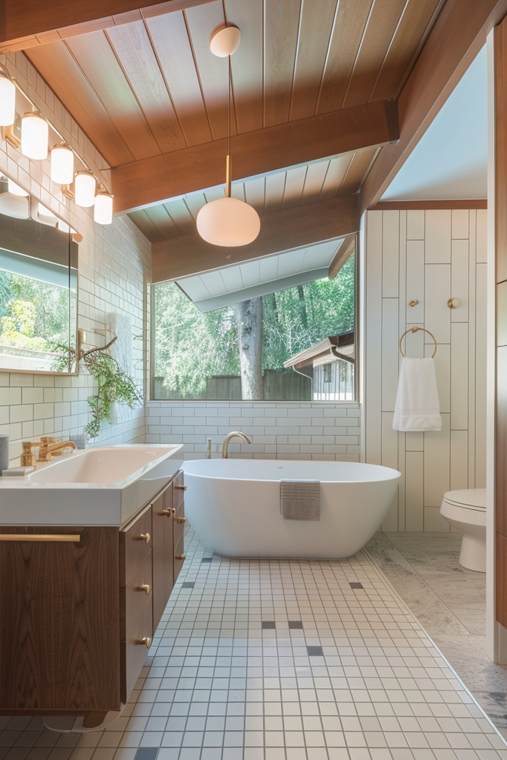 Baño Mid Century Modern con Techo de Madera y Diseño Luminoso