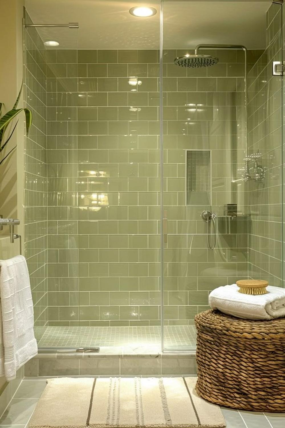 Sleek bathroom showcasing mint green tiles with minimalist design elements.