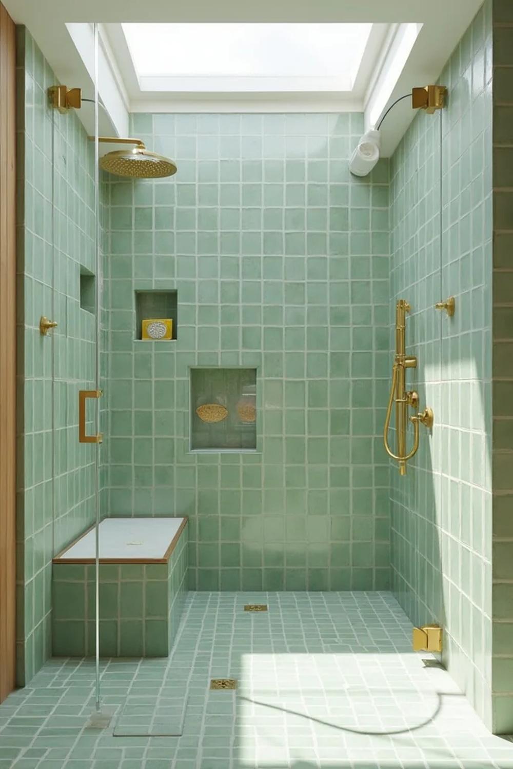 Contemporary bathroom that features mint green tiles and ample natural light.