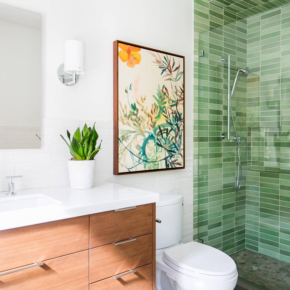 Stylish contemporary bathroom using mint green tiles and mixed textures.