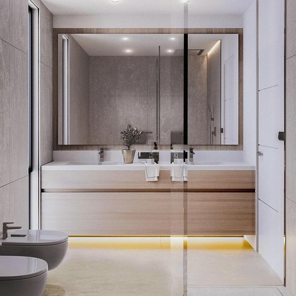 Baño moderno y minimalista en tonos neutros