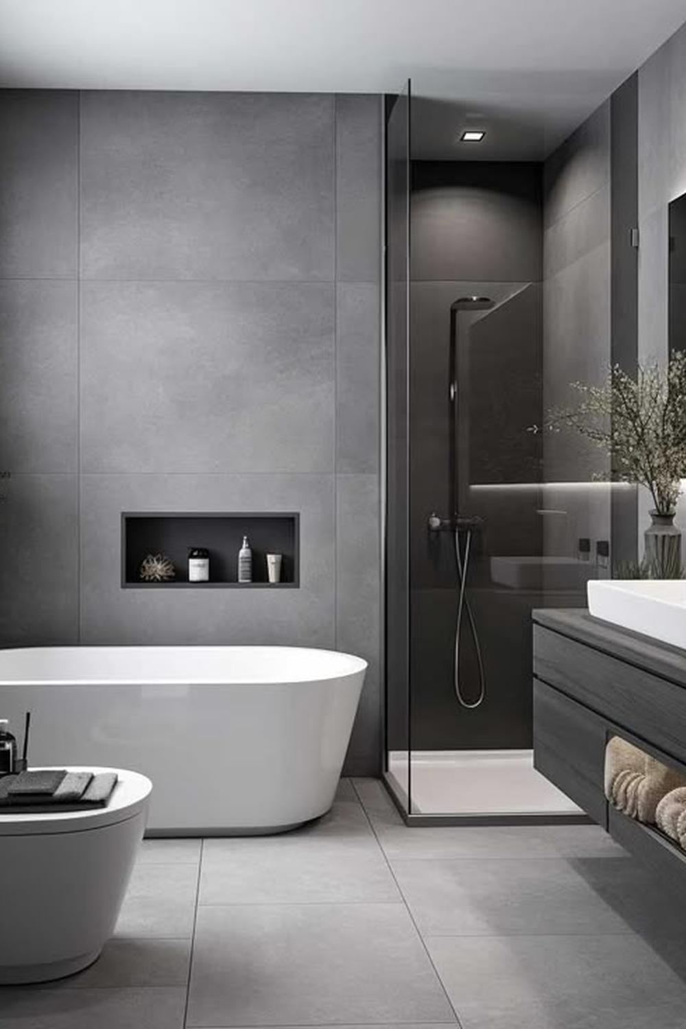 Baño minimalista sofisticado con tonos oscuros