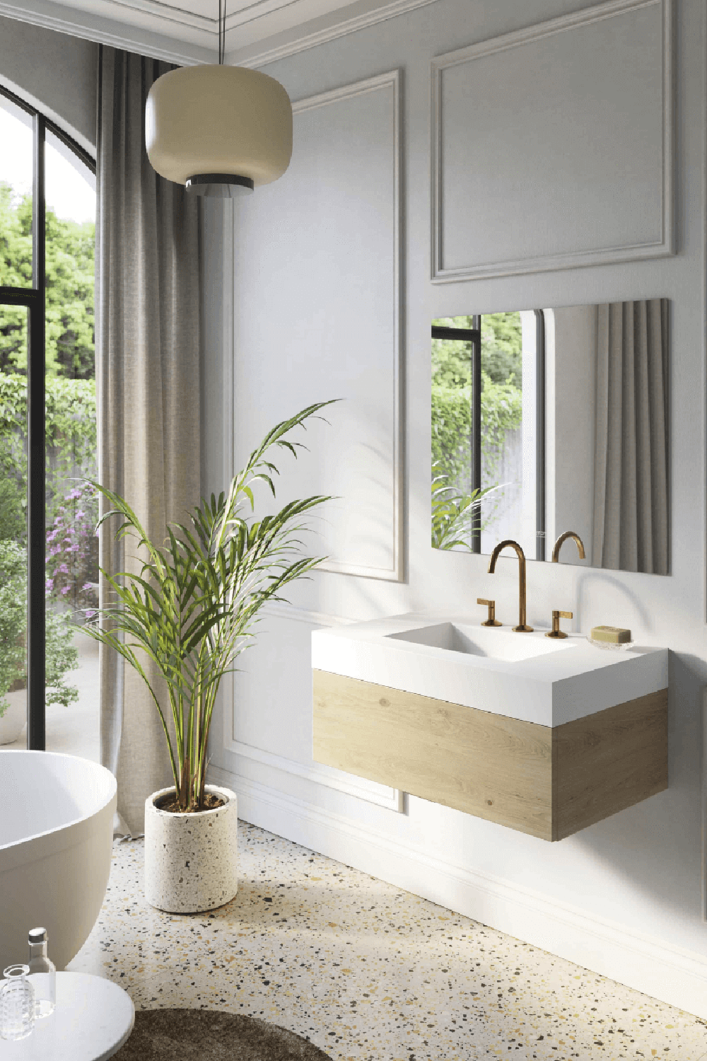 Baño luminoso con elementos naturales