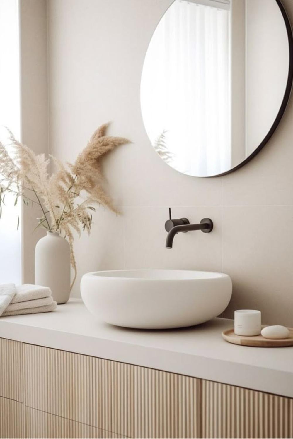 Elegant minimalist bathroom vanity with light-colored stone countertop and round vessel sink