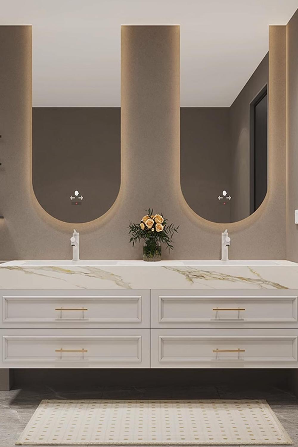 Minimalist bathroom vanity with sleek marble countertop and large circular mirrors