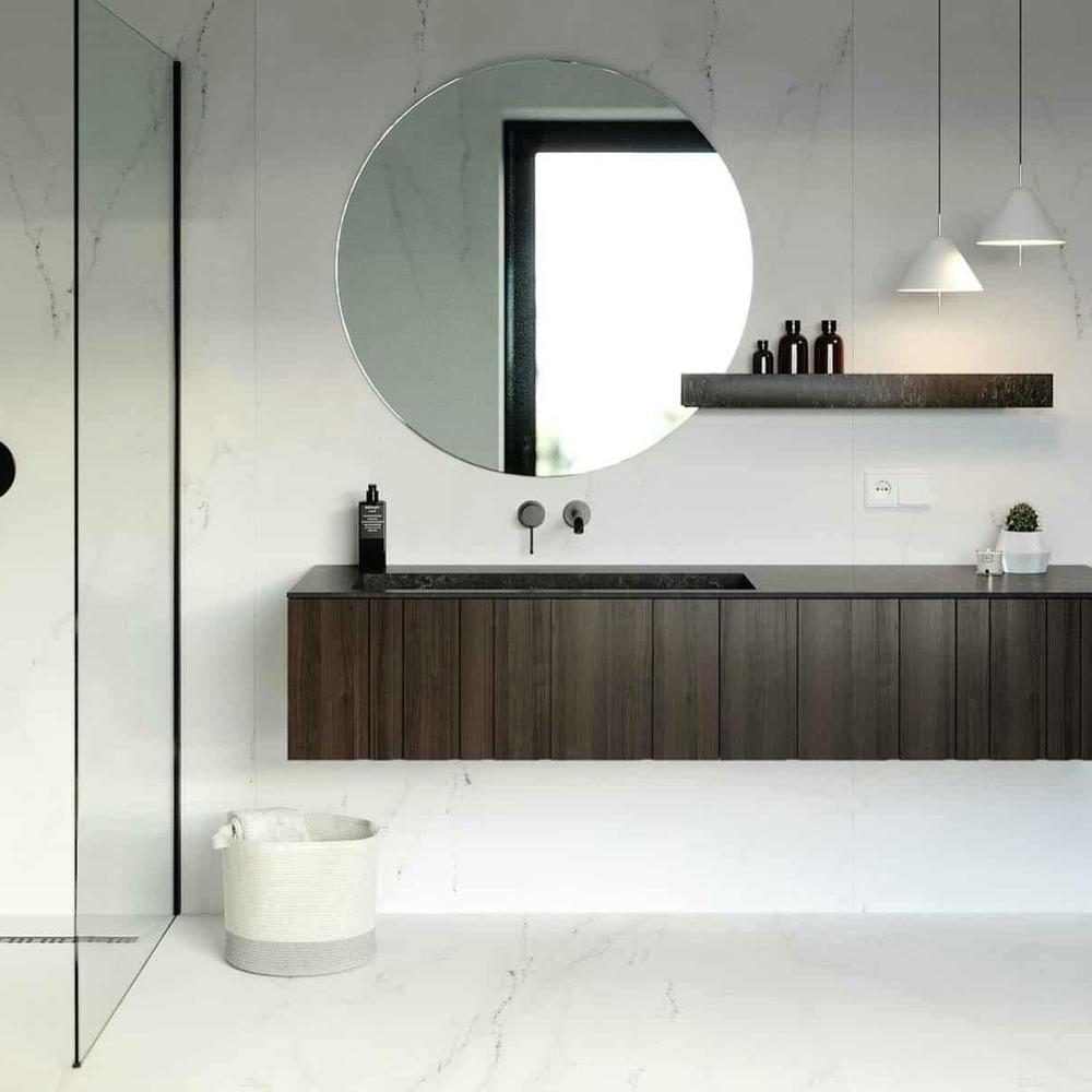 Moda minimalism in dark wood vanity with integrated black countertop
