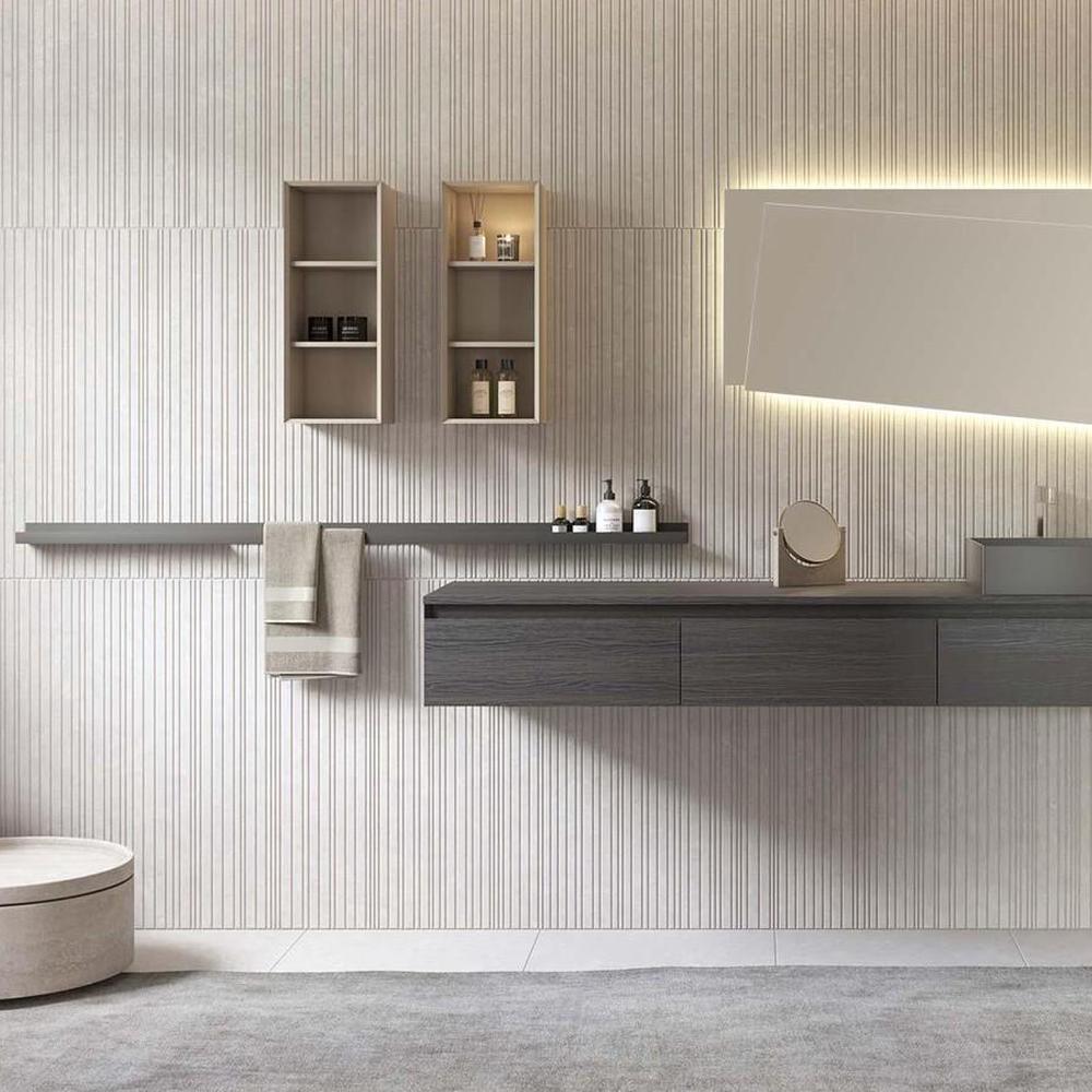 Dark wood minimalist bathroom vanity with gray accent features