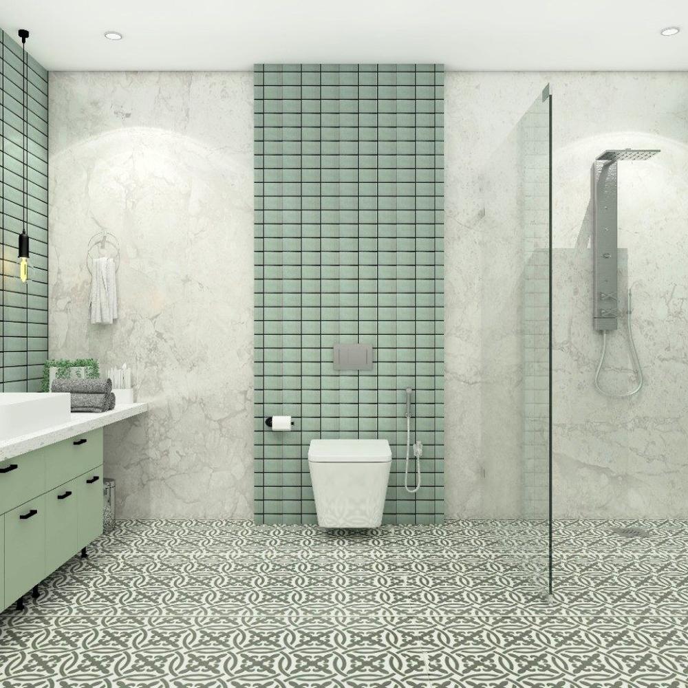 Contemporary bathroom with mint green tiles and sleek, modern design