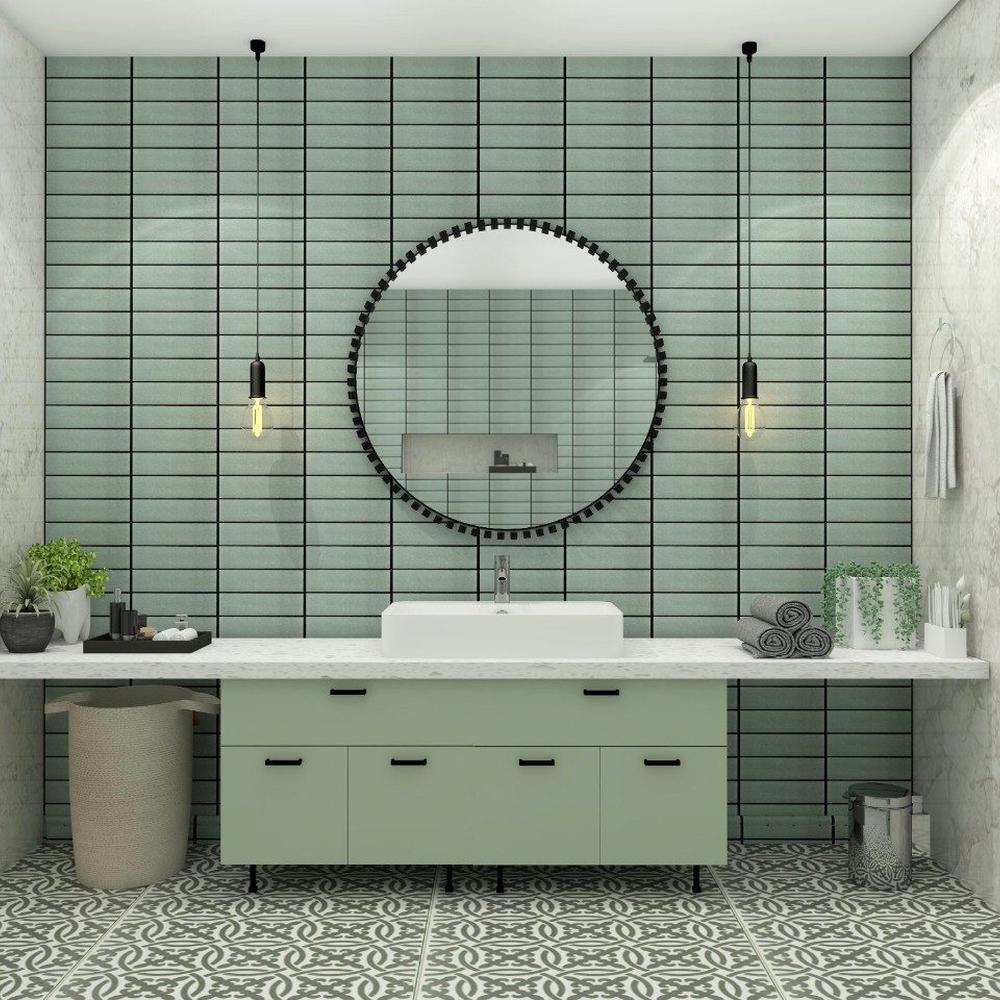 Contemporary bathroom with mint green tiles and a modern greyscale palette