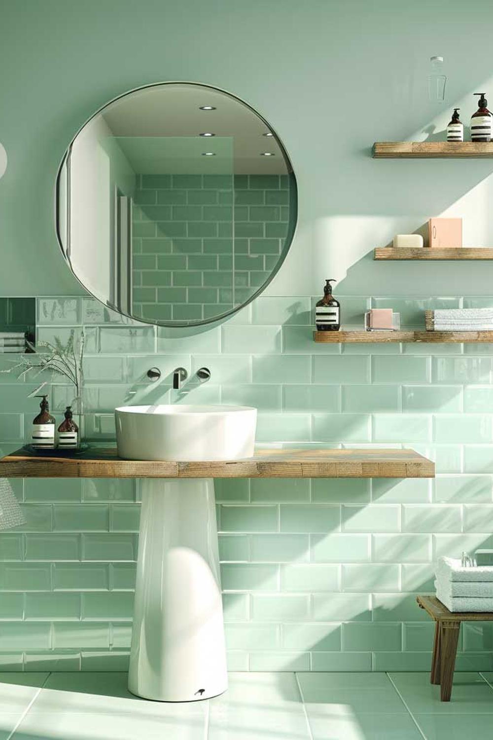Bathroom showcasing warm wood and mint green accents