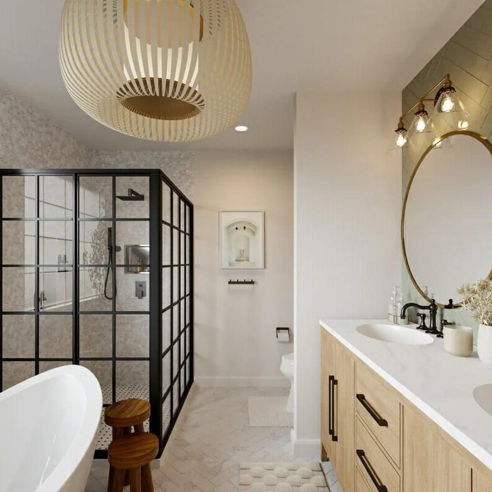 Modern farmhouse bathroom emphasizing open space and black metal accents.