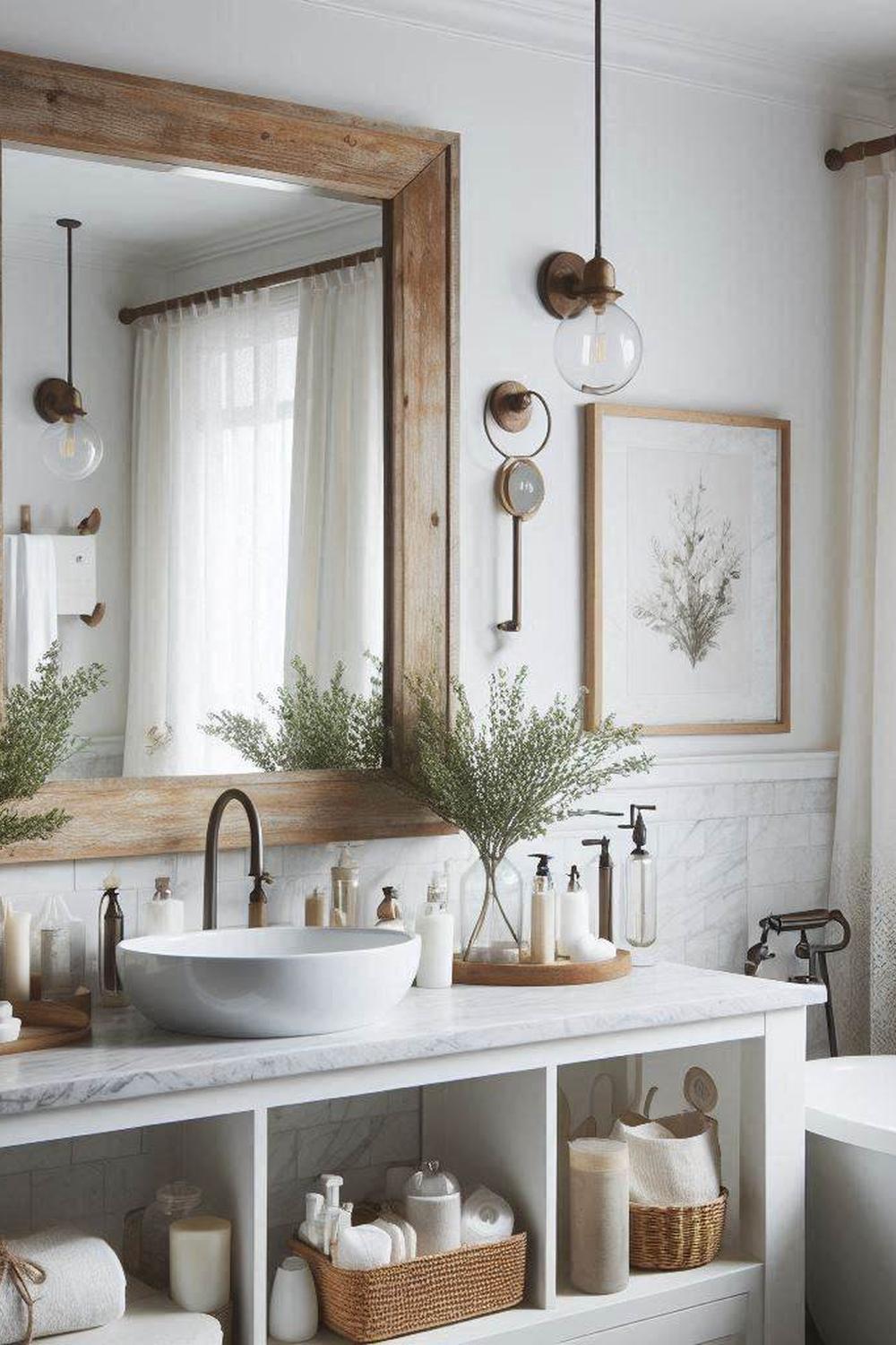Neutral-toned farmhouse bathroom featuring soft accents and floral decorations.