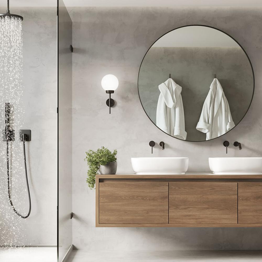 Baño contemporáneo con tonos neutros y madera