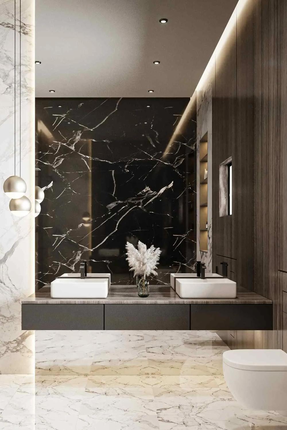 Baño de lujo con contrastes de mármol