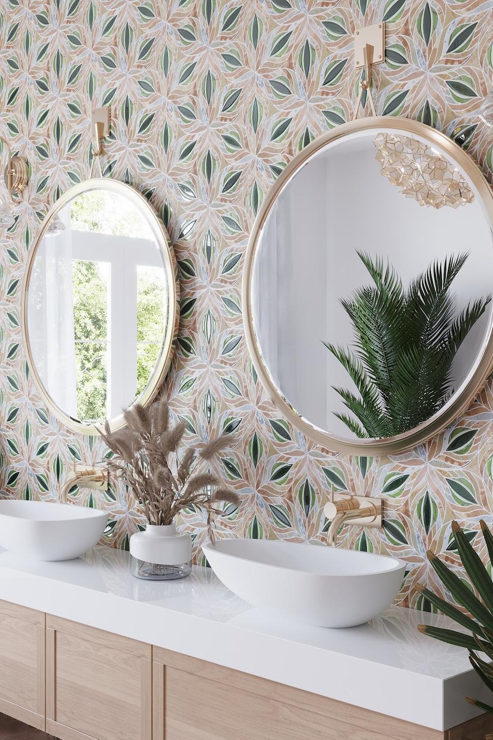 A vibrant bohemian bathroom with floral patterned tiles and round mirrors.
