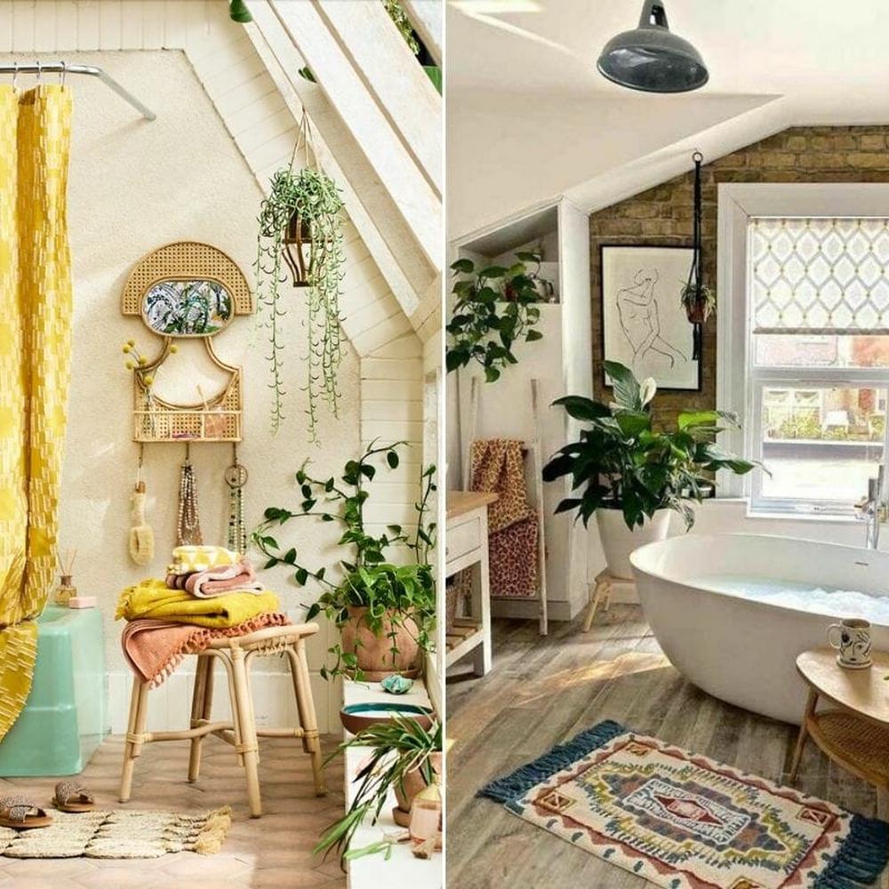 A cheerful modern bohemian bathroom featuring bright colors and natural materials.